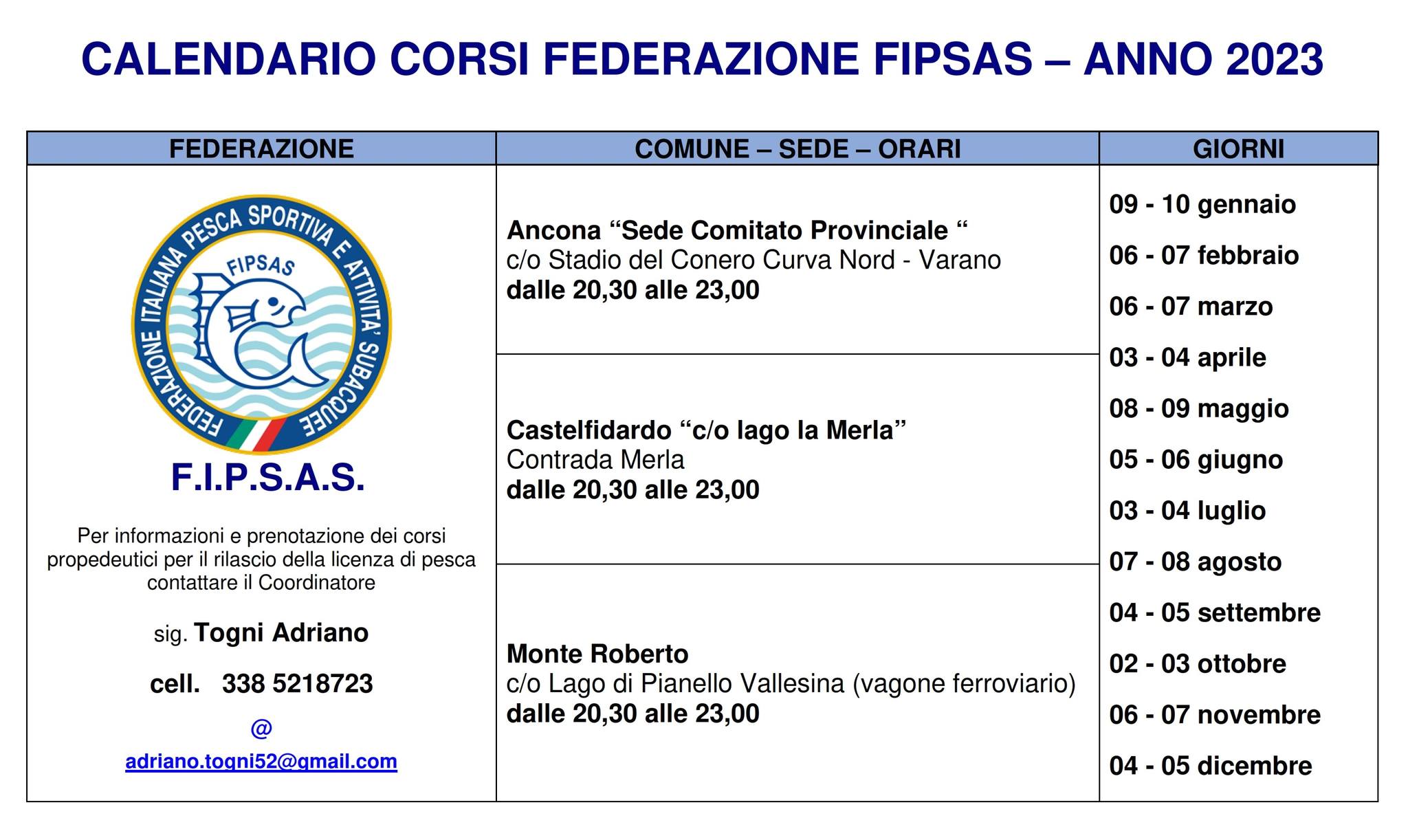 NUOVO CALENDARIO CORSI ANNO 2023 PER L'ACQUISIZIONE DELLA LICENZA DI PESCA IN ACQUE INTERNE